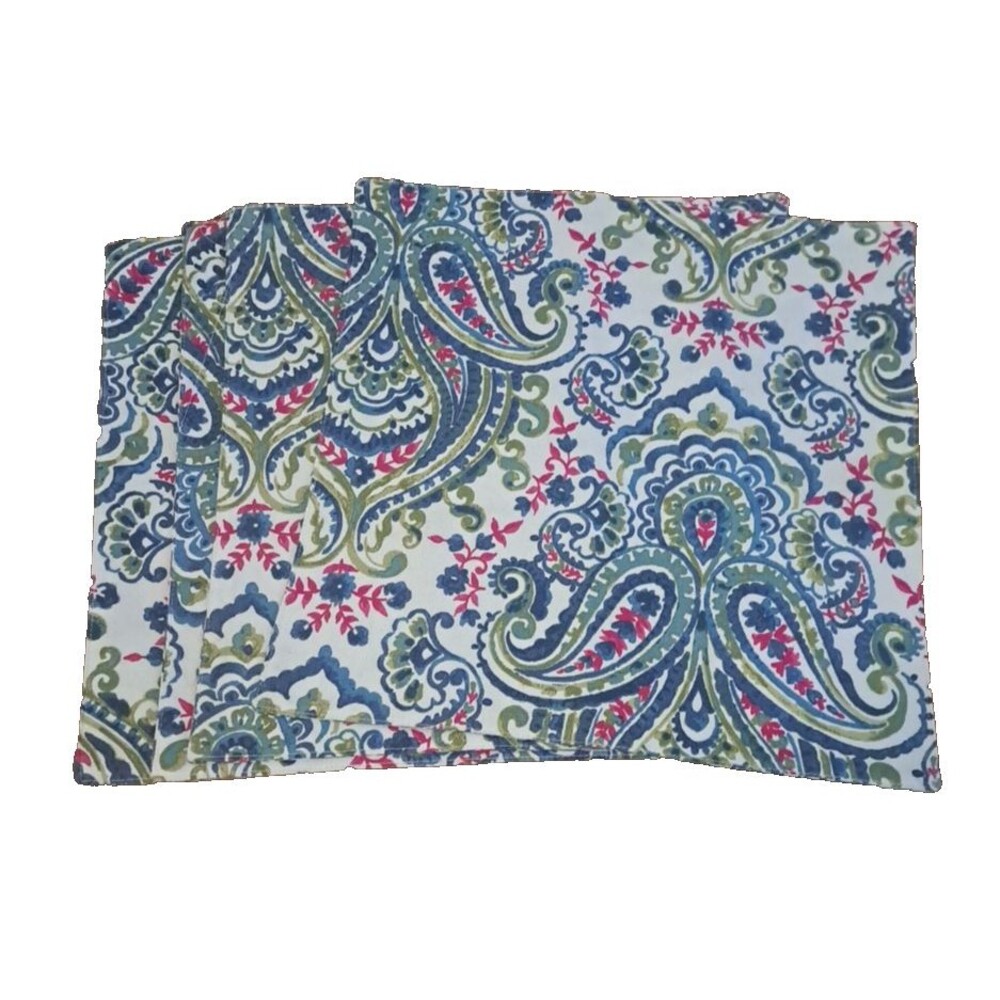 Envogue Placemats Set of 4 Paisley Floral Blue Green Pink Cotton Modern  15"